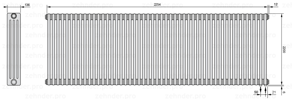 Схема (чертеж) Радиатор Zehnder Charleston 4220/49 №5510 Белый глянцевый RAL 9016